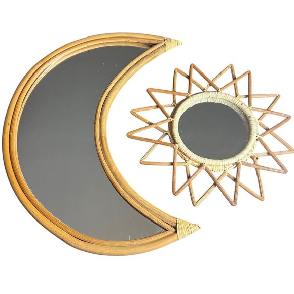 Hanging Wall Sun & Moon Mirror Set | Sunburst Wall Mounted Rattan Mirror Frame - Picture 1 of 11